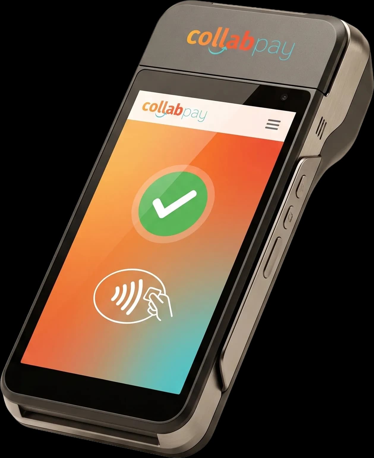 Maquininha CollabPay flutuando com a tela exibindo pagamento aprovado