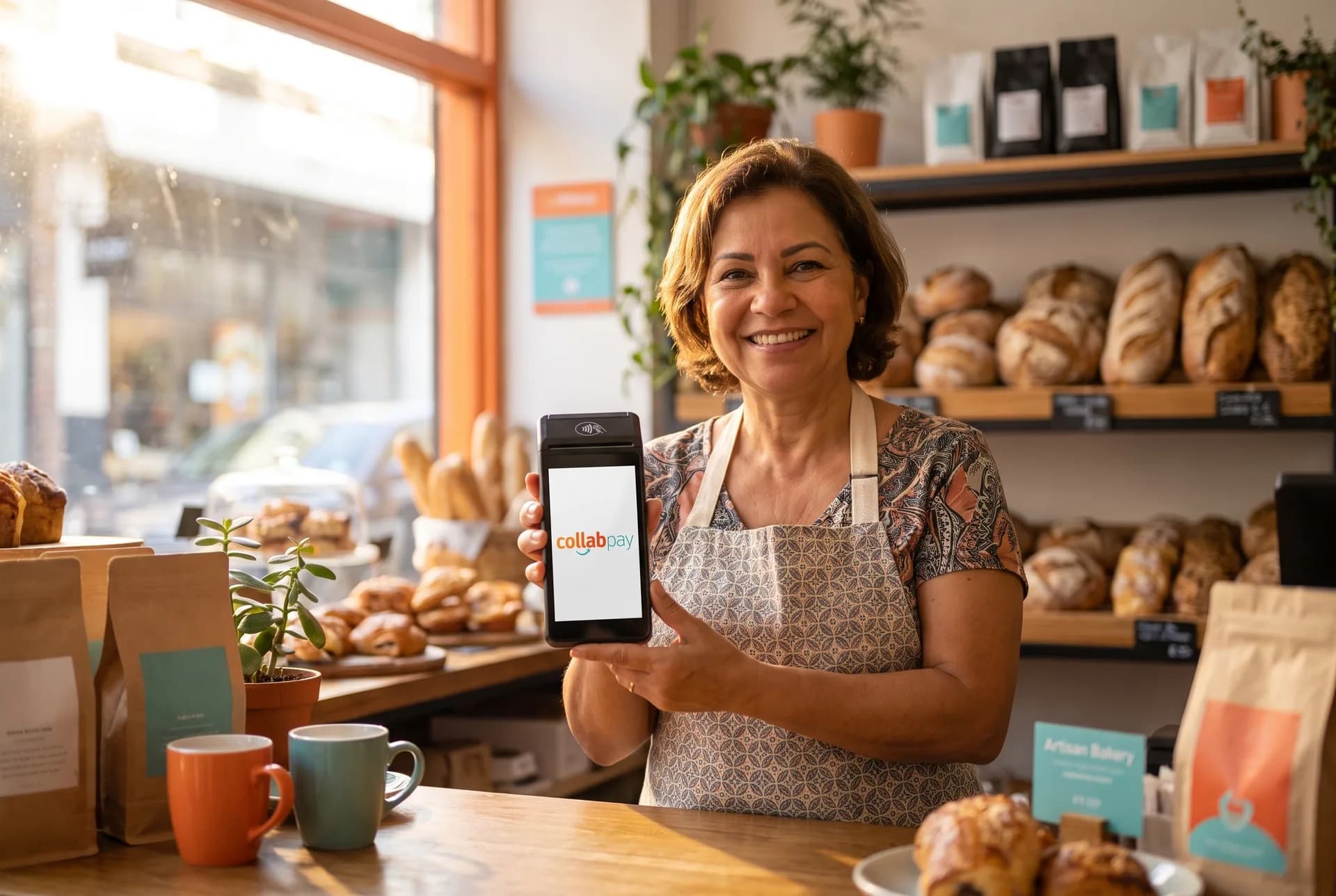 Comerciante sorrindo ao usar a maquininha CollabPay em sua padaria