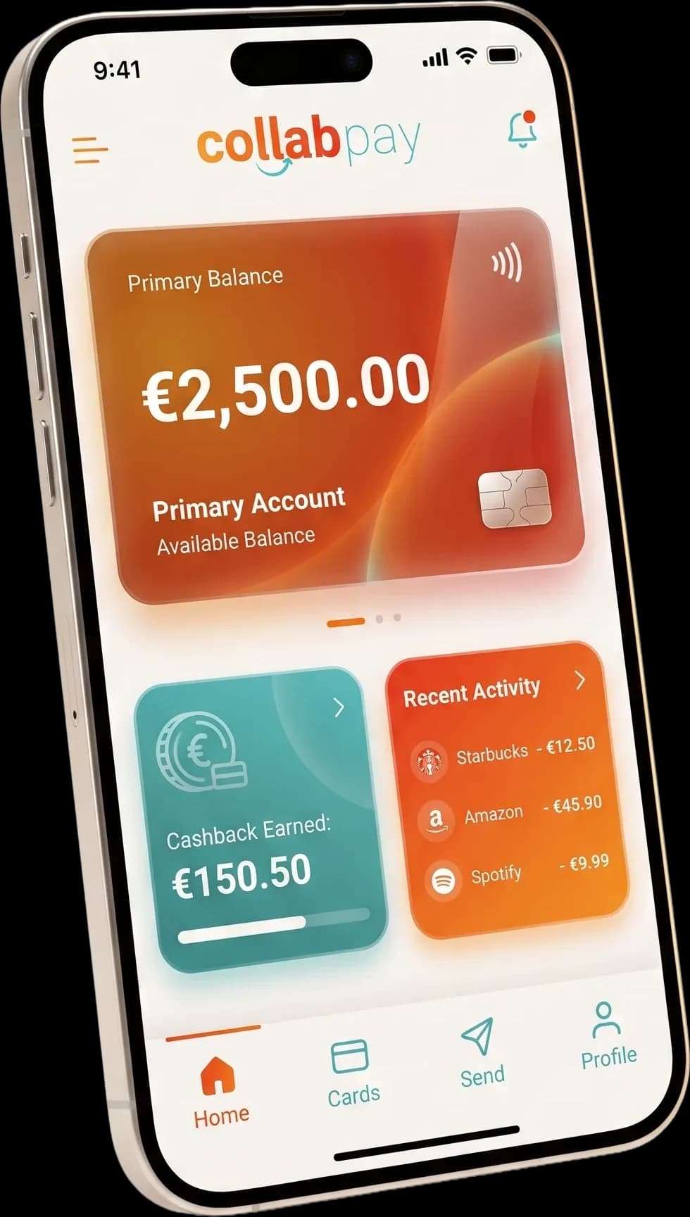 Aplicativo de carteira digital white label da CollabPay em um smartphone